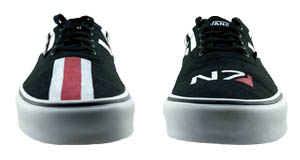 Mass Effect: The front of the shoes. The left front has the N7 logo painted on it, while the right front has the red and white stripe painted on it.