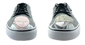 One Punch Man: The front of the shoes with Genos painted on the left and Saitama painted on the right.