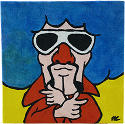 A four inch by four inch canvas painted with Jimmy T from Wario Ware.