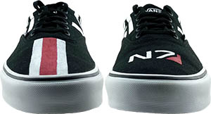 Mass Effect Front of Shoes with a stripe on the right shoe and the N7 logo on the left.